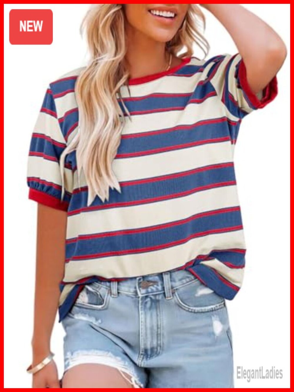 Lafural Cotton Blend Striped Color Block Short Sleeve T-Shirt Loose Fit